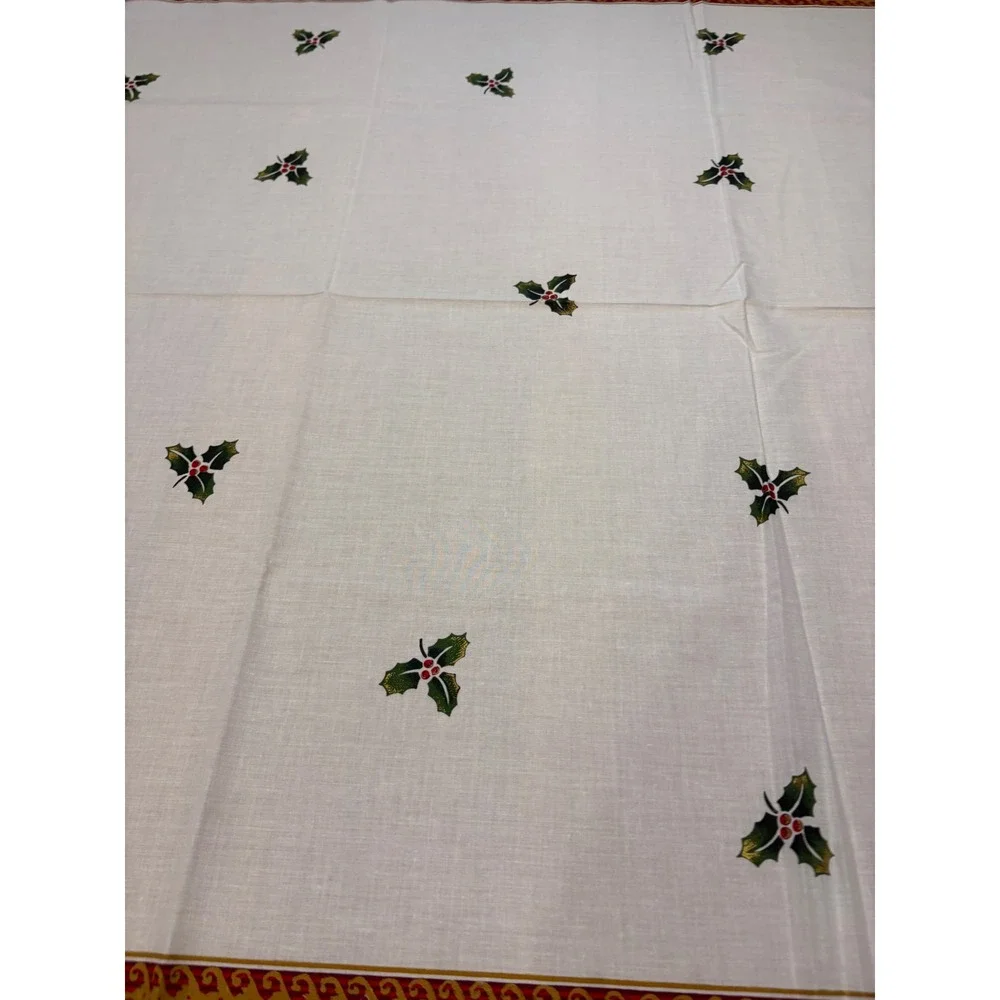 Christmas Poinsettia Holly Tablecloth White Red Green Holiday Dining‎  58 x100